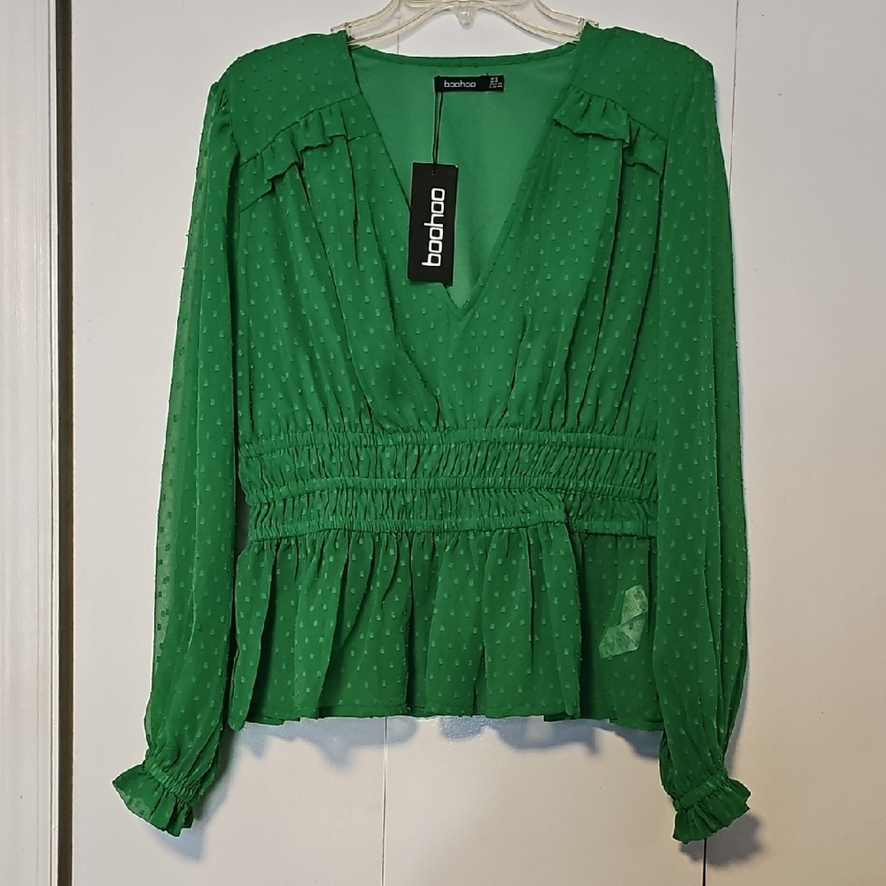 Boohoo Green Blouse with Smocked Waist